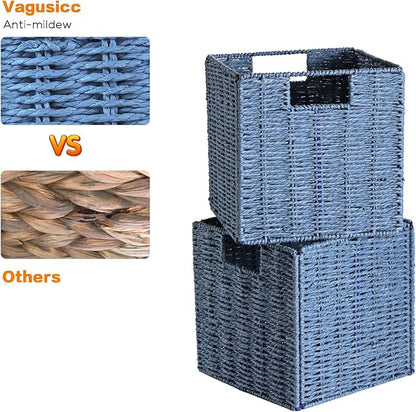 Vagusicc Wicker Storage Basket, Set of 2 Hand-Woven Storage Baskets for Shelves with Handles, Foldable Cube Storage Bins Organizer, Blue 13x13 Inch Large Wicker Baskets for Pantry Bedroom Decor, Blue