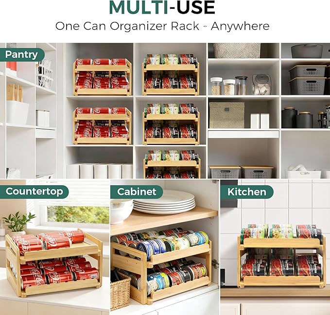 MinBoo Adjustable Can Organizer Rack, Two Tier Bamboo Stackable FIFO Cans Dispenser, Modern Style, Countertop, Assembly Required, Anti Shedding