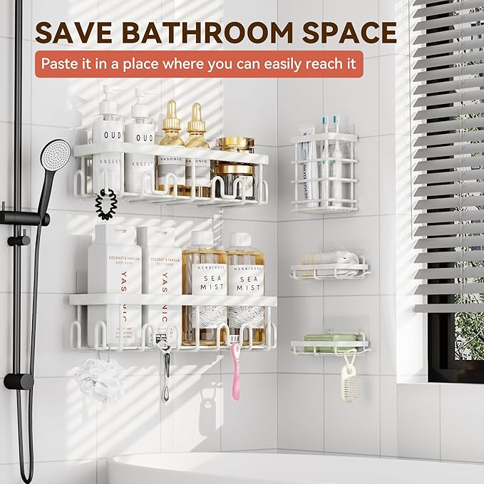 YASONIC Shower Caddy Adhesive 5-Pack, Rustproof Shower Shelves with 24 Hooks, No Drilling Shower Shelf for Inside Shower, Large Capacity Bathroom Organizers and Storage for Dorms & Renters, White