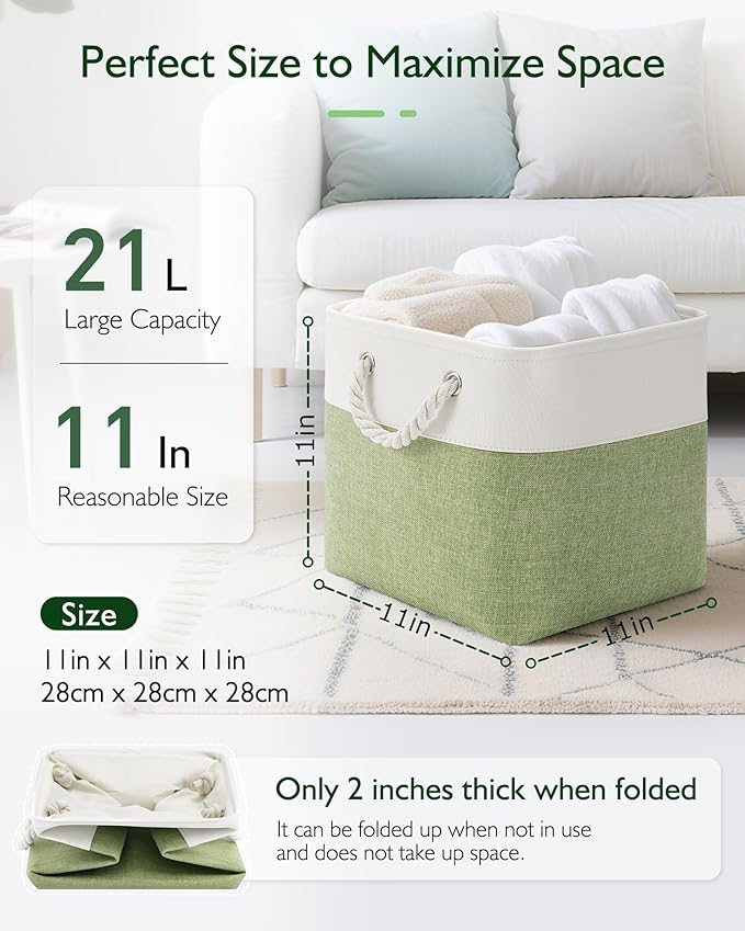 Patvingot 11 Inch Cube Storage Bins, 6 Pack Fabric Storage Cubes with Rope Handles, Organizer Baskets for Closet Shelves, Clothes and Home Organization(White/Green)