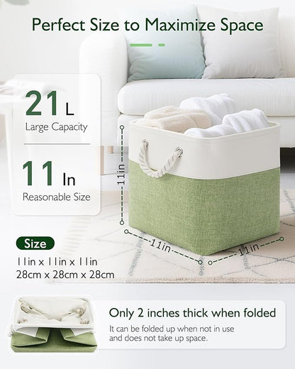 Patvingot 11 Inch Cube Storage Bins, 6 Pack Fabric Storage Cubes with Rope Handles, Organizer Baskets for Closet Shelves, Clothes and Home Organization(White/Green)