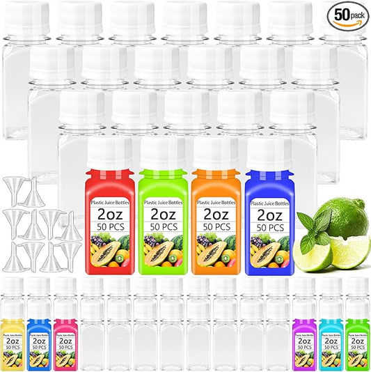 Qiuttnqn 50PCS 2oz Small Plastic Shot Bottles with White Caps,Reusable Clear Juice Containers with 10 Funnels,Empty Plastic Containers for Ginger Shots,Liquids,Beverages