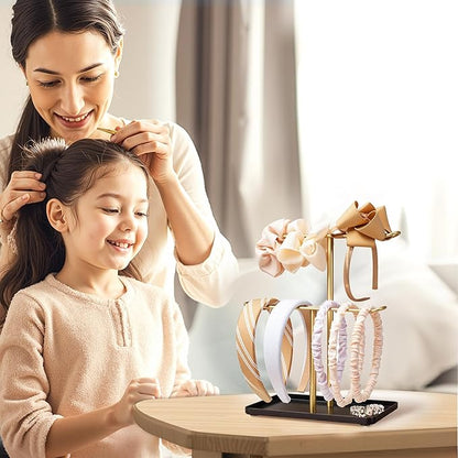 Headband Holder Organizer, 2-Tier T-bar Storage Stand with Tray for Hair Accessories Hairband Hair Clip, for Girls Women, Gold & Black