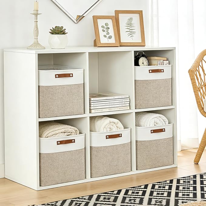 Bagnizer 13x13 Cube Storage Bins, Collapsible Fabric Storage Box, 4 Pack Closet Baskets with Handles for Organizing, Shelf, Toys, Clothes, Home, Office, Nursery (Beige&White)