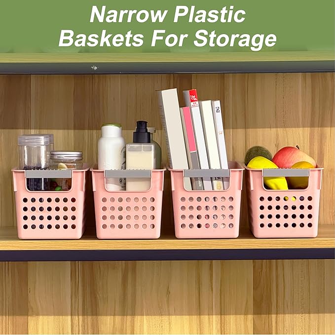 Soddeph 4 Pack Slim Plastic Storage Basket with Handles, Rectangular Storage Bins for Shelves,Narrow Organizer box for Organizing, Kitchen,Home,Office(Pink, Small)