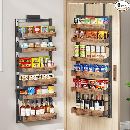 6-Tier Over The Door Pantry Organizer, Heavy-Duty Metal Wall Mount or Hanging Spice Rack, behind the door storage Shelves with Adjustable Basket, Back of Door Organizer for Kitchen Cabinet and Closet