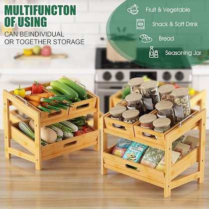 2-Tier Stackable Can Rack Organizer for Pantry, Fruit Basket, 2 Tier Bamboo Fruits Basket Stand for Kitchen Countertop, Tray Suitable for Bread, Vegetables, Produce
