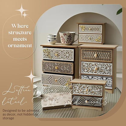 Set of 4 Decorative Solid Wood Drawer Organizers with Artisan Lattice Fronts — Vintage Eastern-Inspired Desktop Storage, Stackable Small Drawer Cabinets for Counters Countertops Cabinet Top