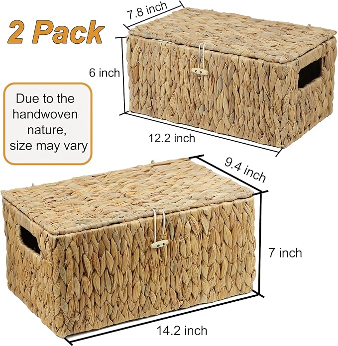 ORDELITE Set of 2 Wicker Basket with Lid, Rectangular Water Hyacinth Storage Baskets for Organizing, Decorative Woven Basket Bins Boxes for Organizing Home