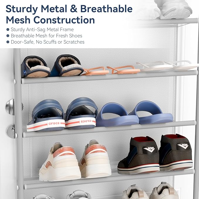 Whitmor 36 Pair Over The Door Shoe Organizer, 12 Tier Hanging Shoe Organizer, Heavy Duty Metal & Mesh Shoe Holder, Hanging Shoe Rack for Closet Organizer & Storage, 74"L x 21.7"W x 7.5"H, Grey