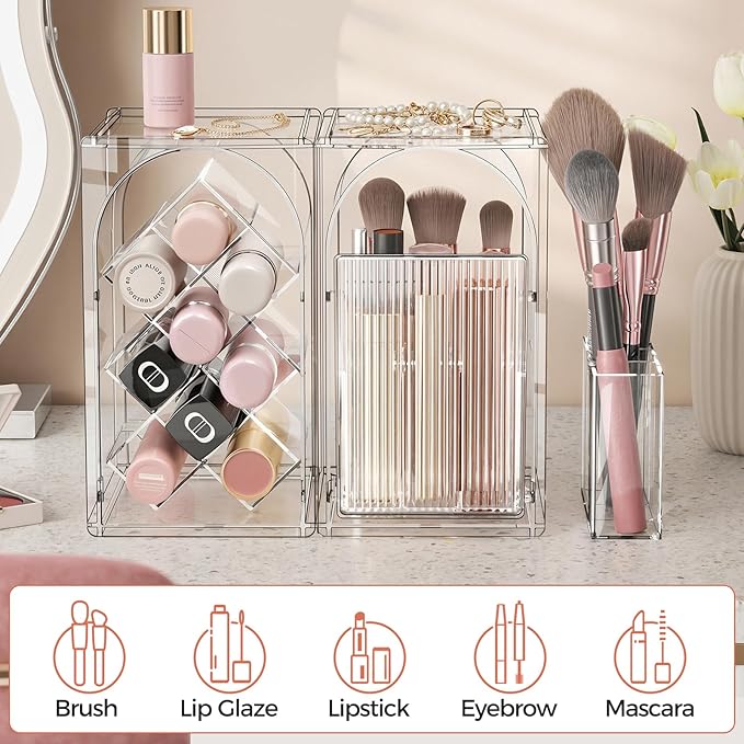 INVSSENE Stackable Makeup Organizer Countertop, Storage Perfume Skincare Cosmetic Lipstick Face Mask Makeup Brush Palettes, Ideal for Vanity Bathroom Counter