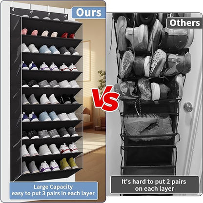 TAHAVICE 10-Tier Large Size Over The Door Shoe Organizer, Holds 30 Pairs Hanging Shoe Rack with Deep Pockets for Closet, Space-Saving Storage for Sneakers, Boots (Black)