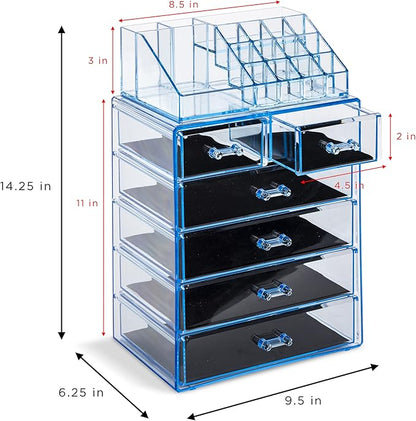 Sorbus Acrylic Makeup Organizer Set, 6-Drawer Vanity & Countertop Cosmetic Storage with Small & Wide Compartments, Blue Brilliance Makeup Storage for Brushes, Jewelry – Holiday Gift for Women & Teens