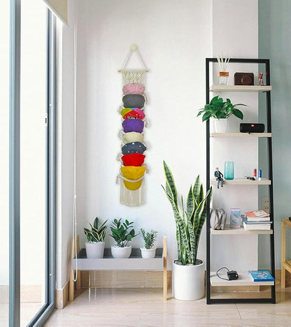 2 Pack 8-Tier Macrame Baseball Cap Organizer With Boho Hooks—Handwoven Boho Cap Holder,Macrame Hat Hangers-Space Saving Wall Storage for Living Room, Bedroom, Entryway