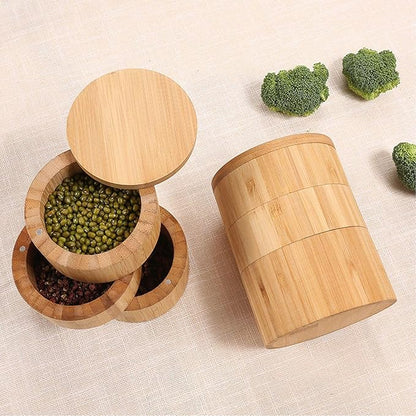 3-Tier Wooden Rotating Spice Storage Box with Swivel Lid, Triple-Layer Condiment Organizer for Kitchen Countertop Home Cooking, Salt Sugar Pepper Seasoning Jar, Easy to Clean Household Tool