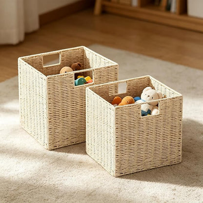 Vagusicc Wicker Storage Basket, Set of 2 Hand-Woven Storage Baskets for Shelves with Handles, Foldable Cube Storage Baskets Bins Organizer, 9 inch Wicker Baskets for Pantry Bedroom Decor, Beige