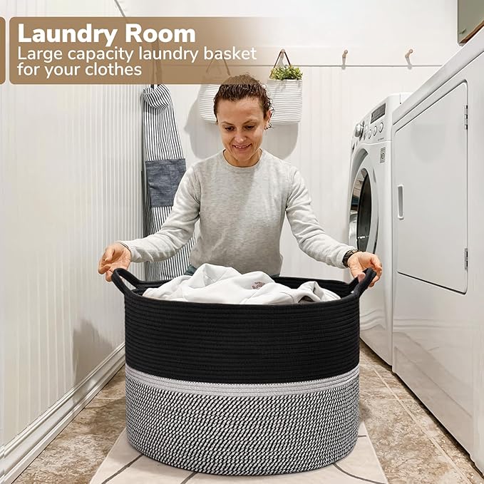 CHICVITA Extra Large Laundry Basket, Woven Rope Blanket Basket for Towels, Clothes, Toy Storage, Pillow Basket for Living Room, Family Room, 22 x 22 x 14 inches, Black