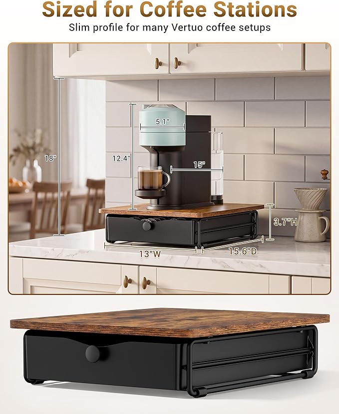 EVERIE Coffee Pod Holder Drawer, Compatible with Nespresso Vertuo Capsules, Holds 40 Large or 52 Small Pods, Flexible Slots for 4 Capsule Sizes, Rustic Brown Countertop Organizer, 15.6" Dx13 Wx3.7 H