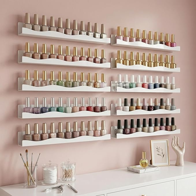 YMVV 15" Nail Polish Racks Wall Mounted Shelf,6 Pack White Acrylic Nail Polish Organizer Nail Supplies for Nail Techs,Great Display for Salons Retailers