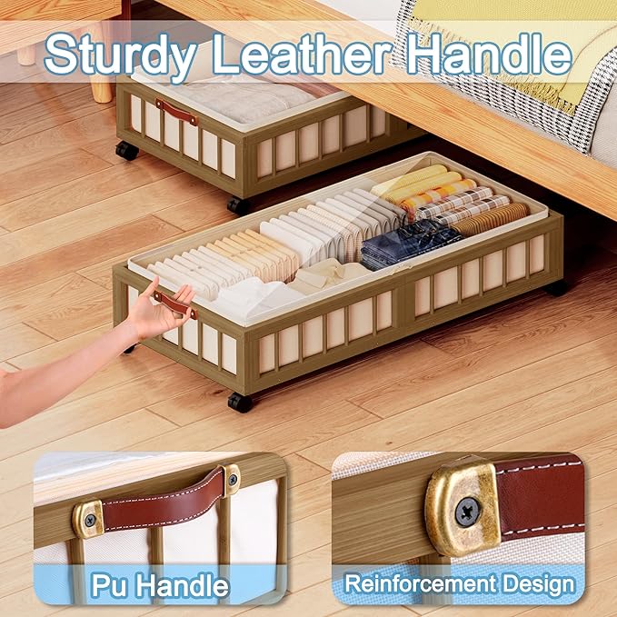 efluky 2-Pack Bamboo Under Bed Storage with Wheels, Rolling UnderBed Storage Basket with Large Dust Bag, Under Bed Storage Containers for Bedroom, Dorm and Basement, Brown