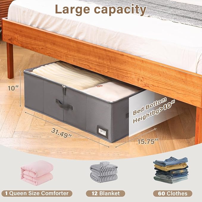 Freebat 10" High Under Bed Storage Containers, Underbed Container with Clear Lid Cover & Label Holder, Storage Bag Box with Visiable Window for Clothes, Bedsheet, Pillow, 2 Pack(Gray)