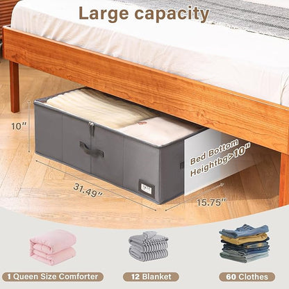 Freebat 10" High Under Bed Storage Containers, Underbed Container with Clear Lid Cover & Label Holder, Storage Bag Box with Visiable Window for Clothes, Bedsheet, Pillow, 2 Pack(Gray)