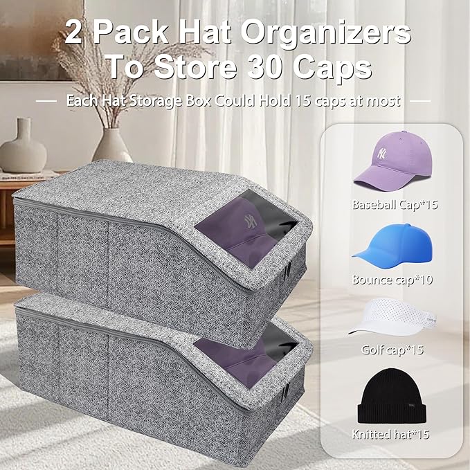 Stackable Hat Storage for Baseball Caps, Holds up to 30 Caps with Cardboard, Hat Organizer for Women & Men, 2 PCS Hat Storage Boxes for Closet, Spotted Gray