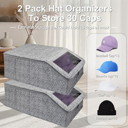 Stackable Hat Storage for Baseball Caps, Holds up to 30 Caps with Cardboard, Hat Organizer for Women & Men, 2 PCS Hat Storage Boxes for Closet, Spotted Gray