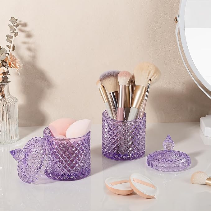 rejomiik 2 Pack Qtip Holder Thick Glass Apothecary Jars with Lid for Bathroom Decor Storage Organizer for Cotton Swabs, Balls, Pads, Floss Picks, Candy, Jewelry, Purple