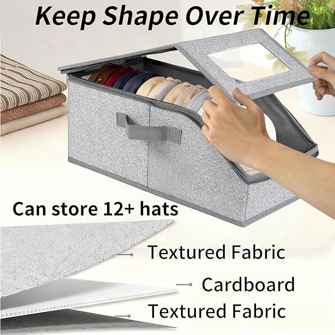 2 Pack Hat Storage Boxes for Baseball Caps - Stackable Clear Hat Organizer Box with Window Lid, Dustproof Closet Hat Case for 20-30 Caps, Large Foldable Ball Cap Storage Organizer for Men & Women