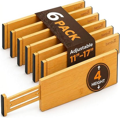 6-Pack Drawer Dividers - 4 Inches High, Adjustable 11 to 17 Inches Bamboo Drawer Organizers, Large Deep Expandable Separators for Clothes, Dresser, Bedroom, Bathroom, Baby, Office, Kitchen Utensils