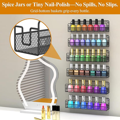 Wall Mounted Spice Rack Organizer, Pantry Door Organizer & Hanging Storage Baskets, Metal Spice Shelf for Kitchen Cabinet, 3 Depth Sizes Hold Large Jars to Nail Polish Bottles, 6 Pack