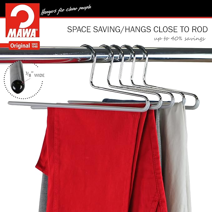 Mawa by Reston Lloyd Non-Slip Space Saving Clothes Hanger with Single Rod for Pants, Style KH/1, Set of 30, Silver