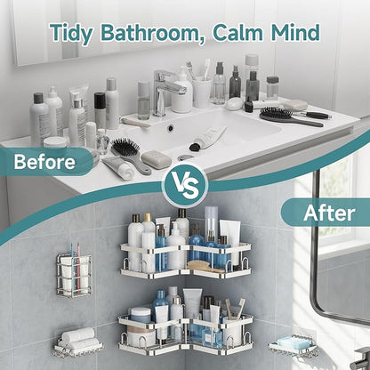 Veken Corner Adhesive Shower Caddy 3-Pack with Soap Holder&Hooks,No Drilling Shower Shelves,Rustproof & Waterproof Bathroom Organizers and Storage,Rack for Small Spaces, Kitchen&Rental-Friendly,Silver