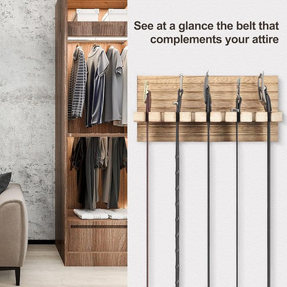 Belt Organizer for Closet, Belt Hanger Wall Mounts to Hold 9 Belts Without Slipping, Space Saving Belt Rack for Closet Organization Includes Mounting Hardware (11.8” x 5.5” x 2.5”) (Wood)