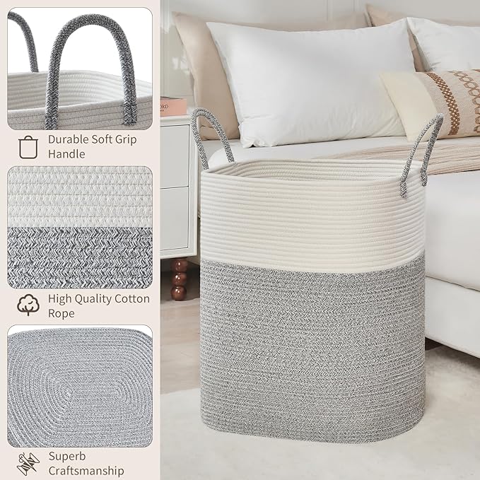 AINUOQI Laundry Basket with Handles - Blanket Basket & Hampers for Bedroom Aesthetic, Laundry Hamper & Blanket Storage for Living Room, Clothes Hamper, Tall, Large 17" x 14" x 24”, White & Grey