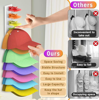 Volnamal Hat Organizer for Baseball Caps, 2 Pack Hold Up to 40 Hats, Hat Rack for Wall Space Saving, Hat Hanger w/Strong Adhesive Hat Storage Holder Display for Closet Door and Wall(White& Color)