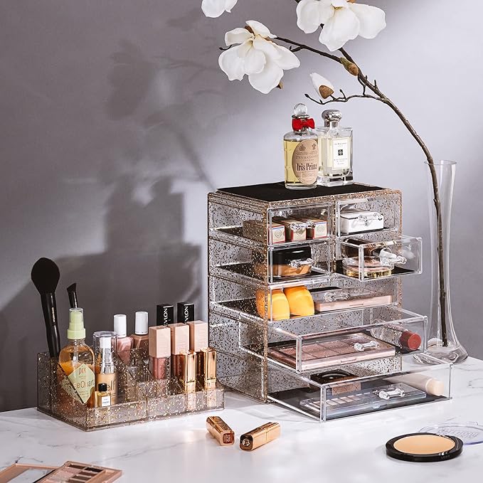 Sorbus Acrylic Makeup Organizer Set, 7-Drawer Vanity & Countertop Cosmetic Storage with Small & Wide Compartments, Glitter Makeup Storage for Brushes, Jewelry – Holiday Gift for Women & Teens