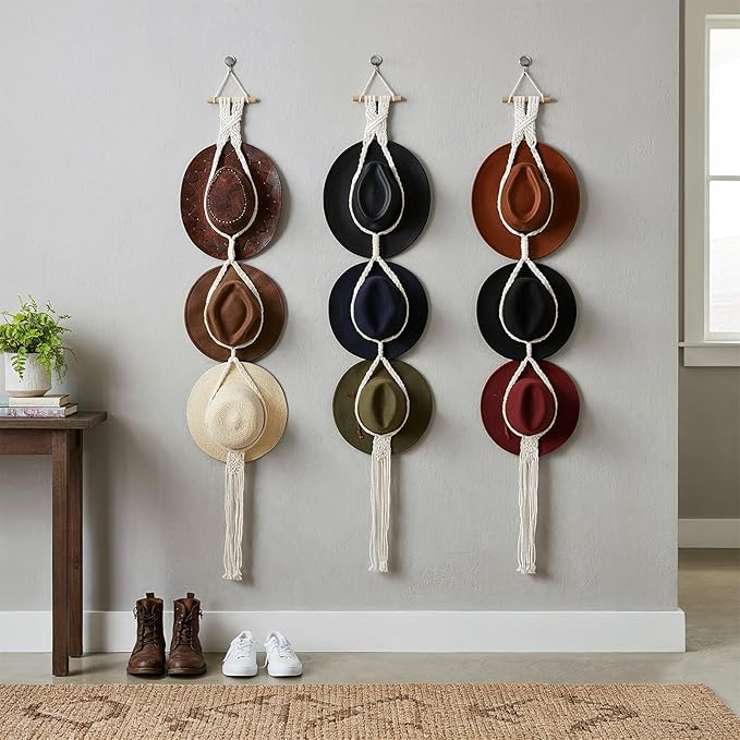 3 PCS Macrame Hat Hangers for Wall, Bohemian Hand Weaving Boho Hat Rack Organizer for Cowboy, Wide Brim, Bowler & Fedora Hats, Decorative Western Door & Wall Hanging Display (3 Hats Style)