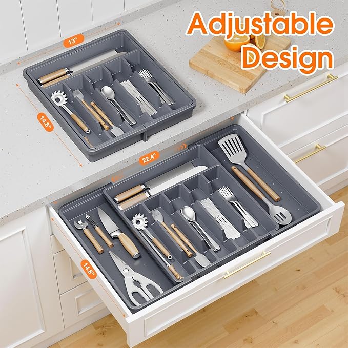 SpaceHacks Silverware Organizer，Adjustable & Expandable Utensil Drawer Organizer, BPA Free Utensil Holder, Cutlery Tray for Forks, Spoons, Knives in Kitchen, Large, Grey