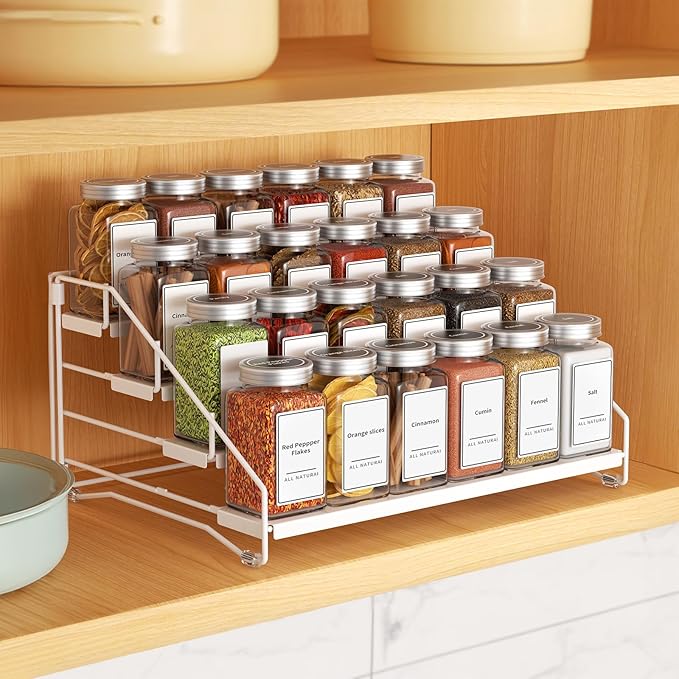 BOIVSHI Tiered Spice Rack, 4 Tier Spice Shelf Organizer for Cabinet, Spice Rack Organizer, Depth Adjustable Seasoning Rack Organizer for Cabinet, Countertop, Pantry, Metal, White (1 Pack)
