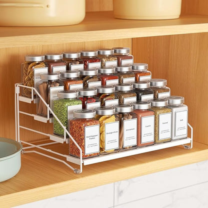 BOIVSHI Tiered Spice Rack, 4 Tier Spice Shelf Organizer for Cabinet, Spice Rack Organizer, Depth Adjustable Seasoning Rack Organizer for Cabinet, Countertop, Pantry, Metal, White (1 Pack)
