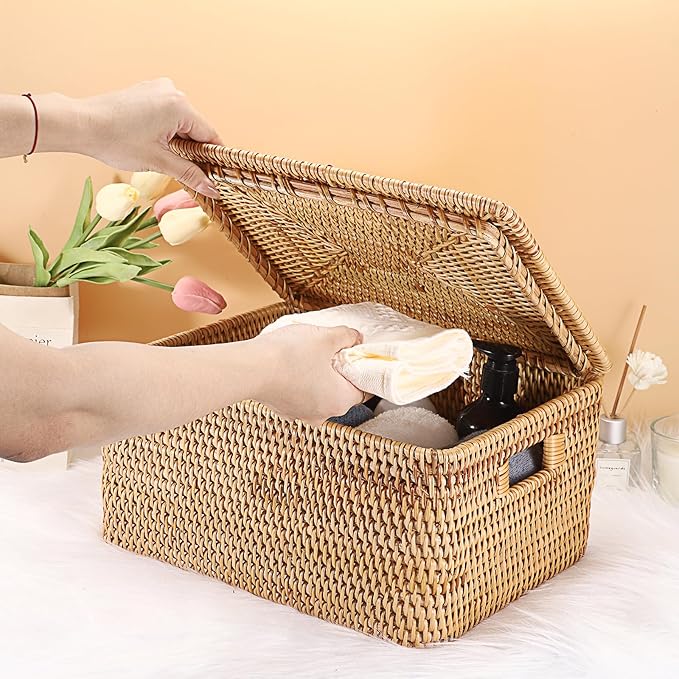 Hipiwe Wicker Storage Bins with Lid Handwoven Rattan Baskets Rectangular Decorative Shelf Baskets Bin with Handles Household Basket Boxes for Home Organizing,13.2"L x10.2"W x6.7"H