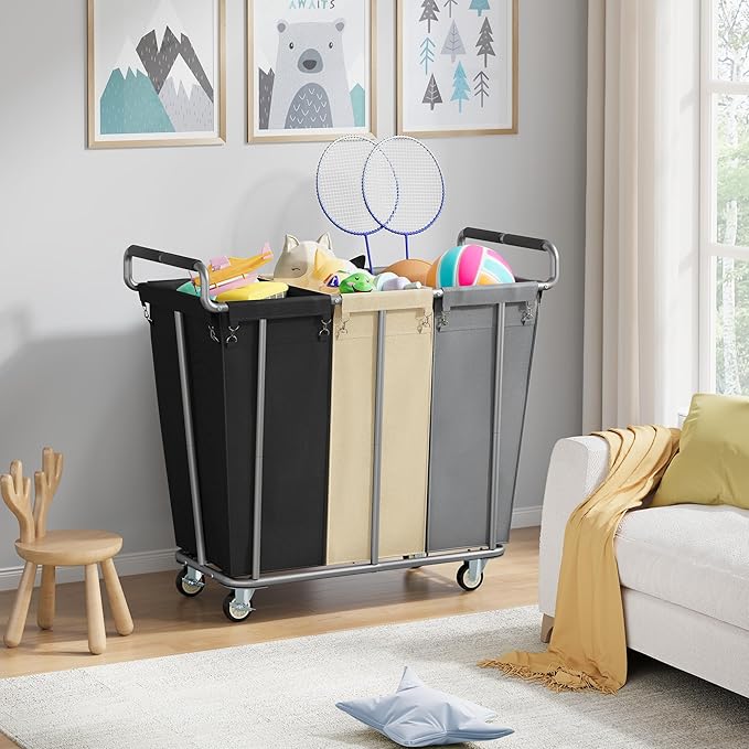 Gewudraw Large laundry hamper with Wheels, 360L 3 Bag Big Rolling Laundry Hamper Sorter Cart, Extra Large Laundry Clothes Hamper, Heavy Duty Laundry Basket Organizer for Laundry Room,Bathroom,Black