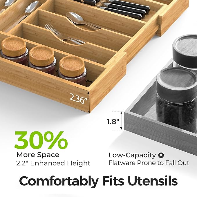 Bamboo Kitchen Drawer Organizer, Expandable Silverware Organizer with Removable Knife Block, 6-8 Slots- Utensil Holder & Cutlery Tray Drawer Dividers, 2.36" Deep for Extra Capacity, Natural