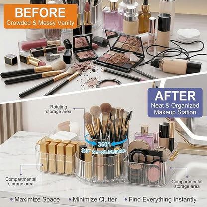 Rotating Makeup Organizer Countertop for Vanity, Cologne Organizer for Men, 360° Spinning Cosmetic Display Case with Brush Holder, Premium Handles, Acrylic Skincare Storage for Bathroom Countertop