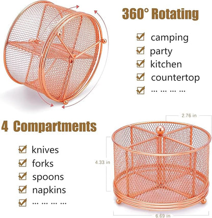 DysanVica 360 Rotating Metal Utensil Caddy - 4 Compartment Silverware Cutlery Holder Fork Spoon Napkin Organizer Flatware Storage Basket Party Countertop Buffet Picnic Camping Outdoor Rose Gold Pink