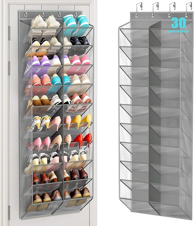 30 Pairs Over the Door Shoe Organizer, Hanging Shoe Organizer with 4 Metal Hooks, Large Capacity Breathable Mesh Shoe Rack for Closet Door, Multi-Pocket Storage for Shoes, Hats, Toys, Towels