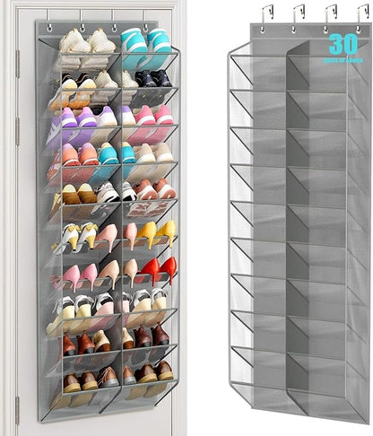 30 Pairs Over the Door Shoe Organizer, Hanging Shoe Organizer with 4 Metal Hooks, Large Capacity Breathable Mesh Shoe Rack for Closet Door, Multi-Pocket Storage for Shoes, Hats, Toys, Towels