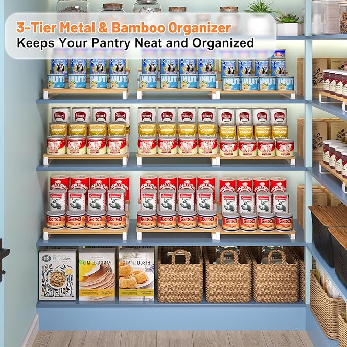Expandable Can Organizer for Pantry, 3-Tier Adjustable Bamboo & Iron Can Rack for Cabinets, Easy Access Food Storage Shelf for Canned Goods, Soda & Soup Cans, Holds Up to 30 Cans (Patent Pending)